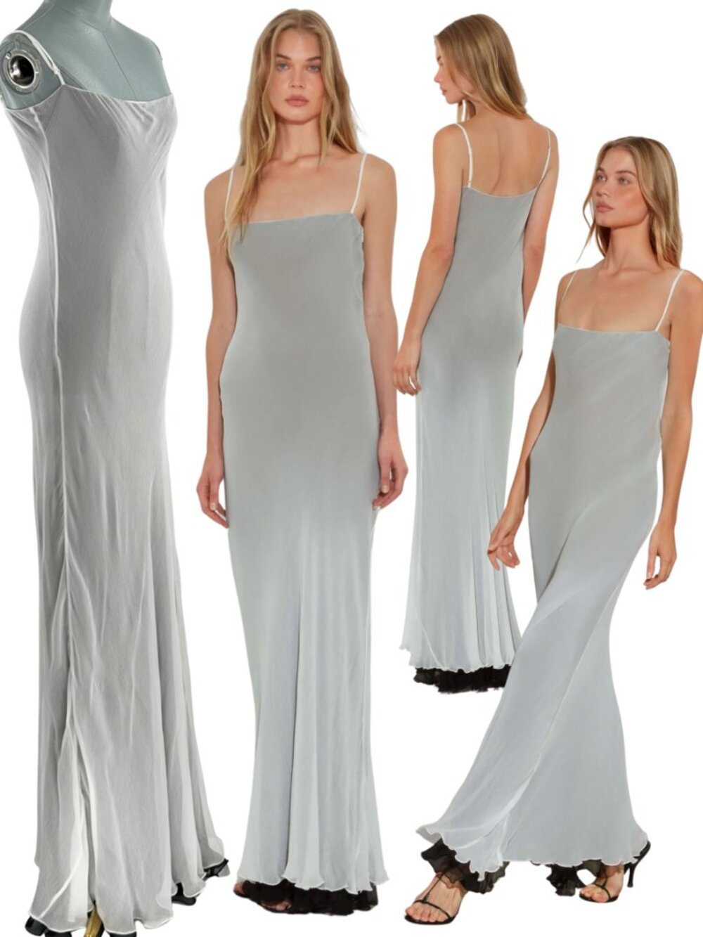 🆕 RAT & BOA 🧿 NWOT Marzia Double Layered Slip Maxi Dress, White Grey - Sz L